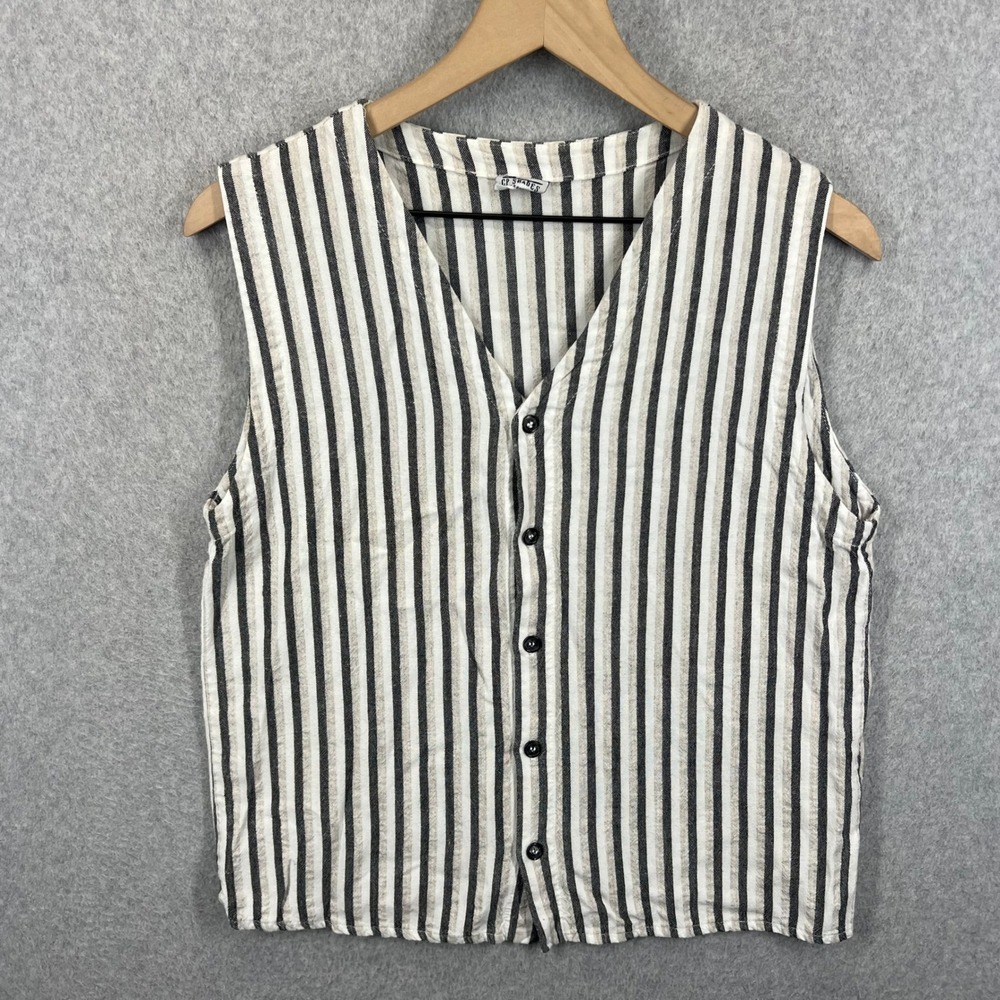 CP Shades Button Front Vest Women S Black Tan Striped Rayon Linen V-Neck EUC
